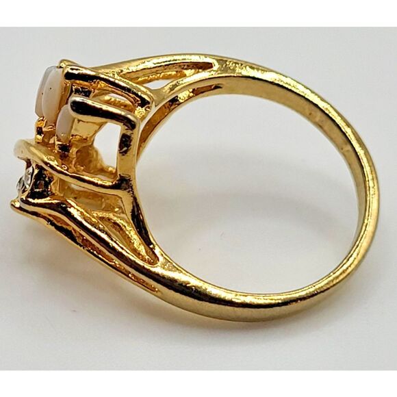 1960's UNCAS Costume Cocktail Ring Faux Navette Opals Clear Rhinestones Gold 7 - Picture 5 of 8